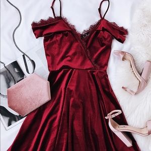 Lulu’s Red Velvet Off-The-Shoulder Dress